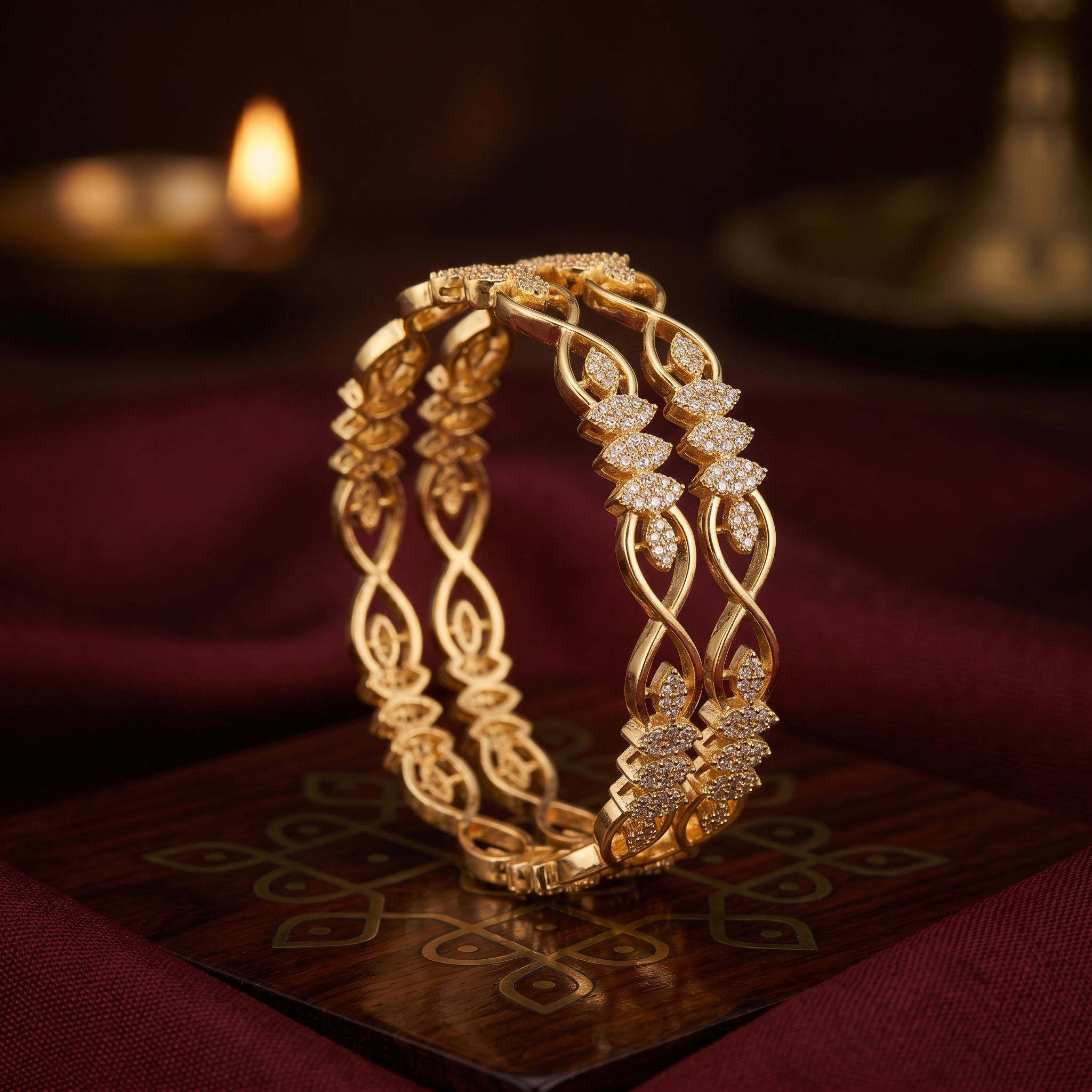 Gold Plated Infinity Motif with Clusters of American Diamond Bangles close-up view - Avalna